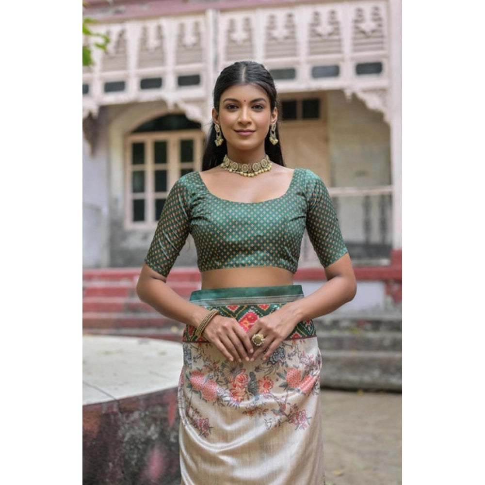 Women's Faux_Tussar Floral Jal With Patola Print Saree With Unstitched Blouse 5.5Mtr (Teal) - VANSHELLE