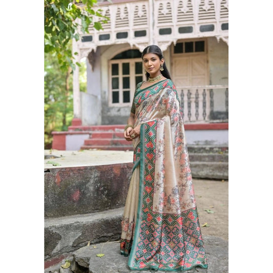 Women's Faux_Tussar Floral Jal With Patola Print Saree With Unstitched Blouse 5.5Mtr (Teal) - VANSHELLE