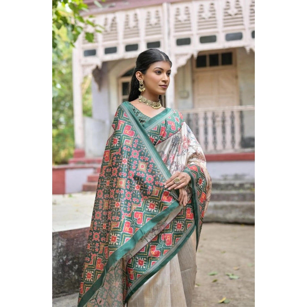 Women's Faux_Tussar Floral Jal With Patola Print Saree With Unstitched Blouse 5.5Mtr (Teal) - VANSHELLE