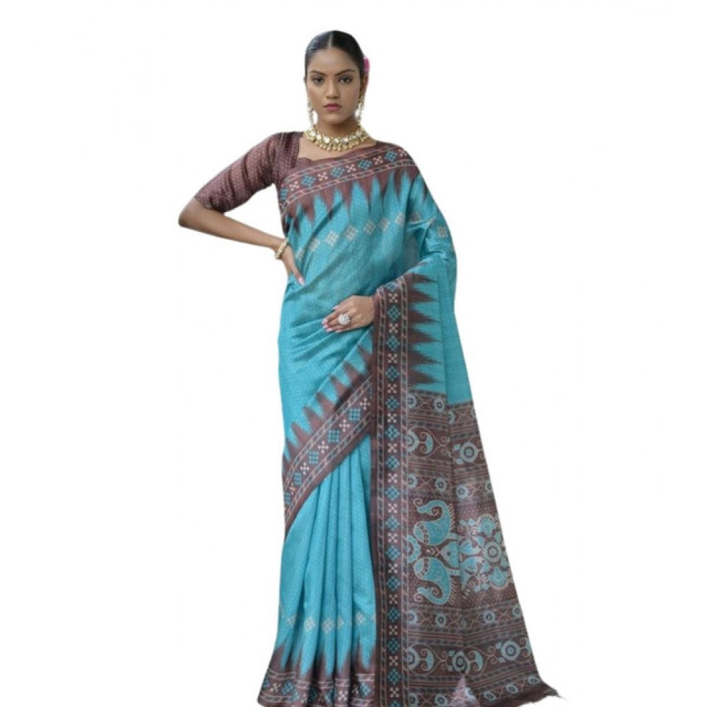 Women's Faux_Tussar Ikat Saree With Unstitched Blouse 5.5Mtr (Aqua_Blue) - VANSHELLE