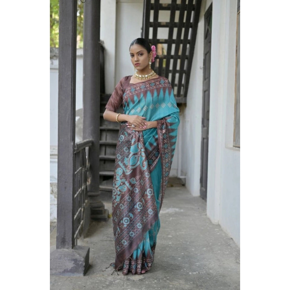 Women's Faux_Tussar Ikat Saree With Unstitched Blouse 5.5Mtr (Aqua_Blue) - VANSHELLE