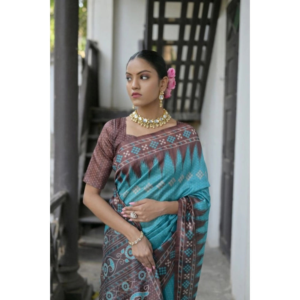 Women's Faux_Tussar Ikat Saree With Unstitched Blouse 5.5Mtr (Aqua_Blue) - VANSHELLE
