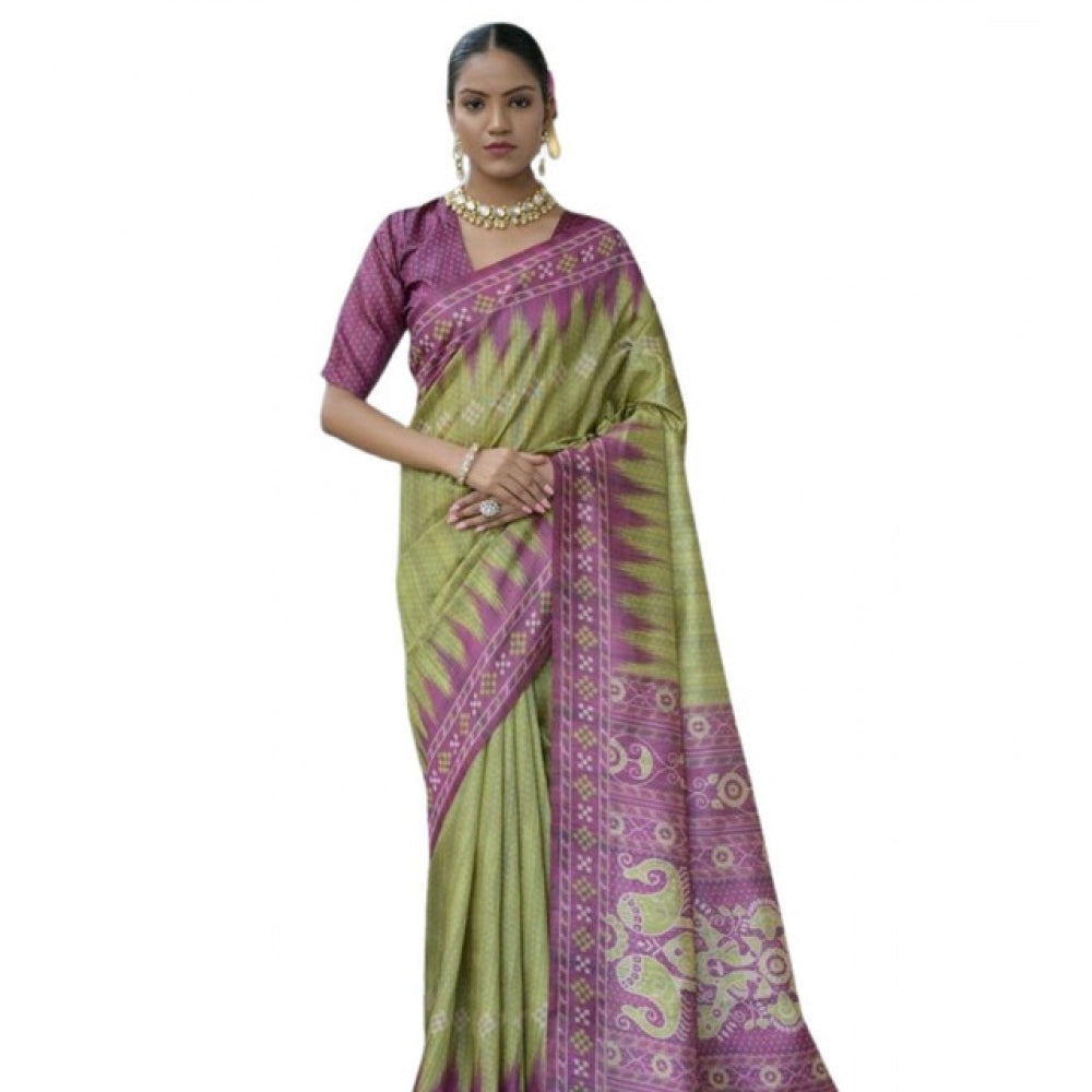 Women's Faux_Tussar Ikat Saree With Unstitched Blouse 5.5Mtr (Green) - VANSHELLE