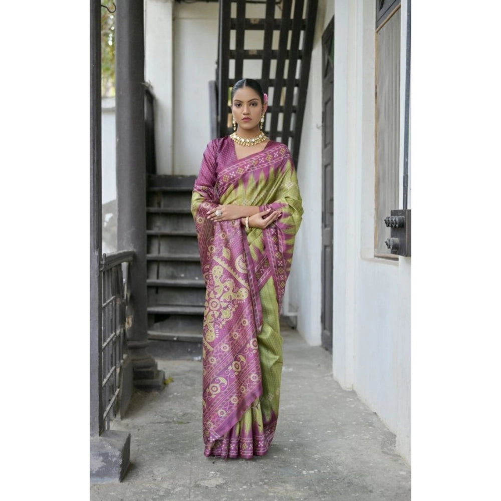 Women's Faux_Tussar Ikat Saree With Unstitched Blouse 5.5Mtr (Green) - VANSHELLE