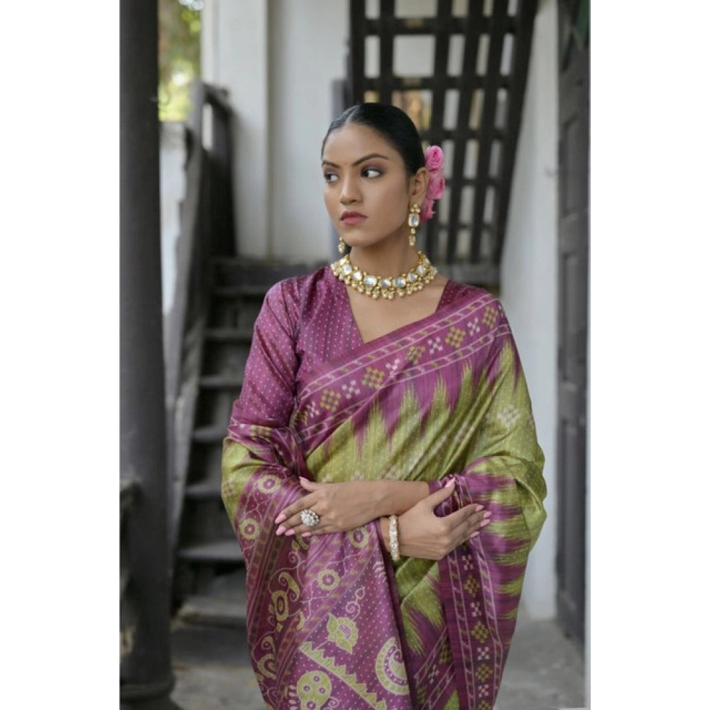 Women's Faux_Tussar Ikat Saree With Unstitched Blouse 5.5Mtr (Green) - VANSHELLE