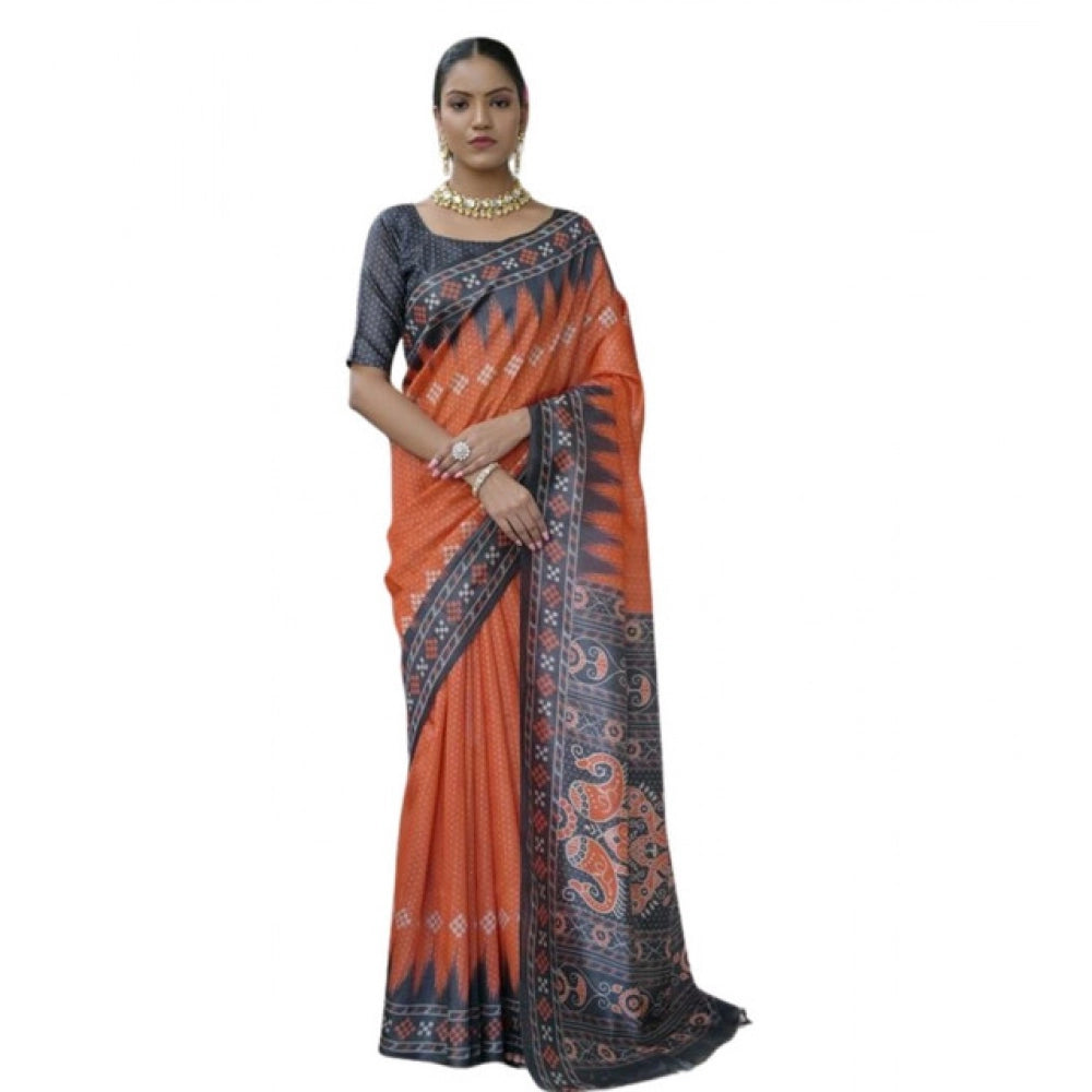 Women's Faux_Tussar Ikat Saree With Unstitched Blouse 5.5Mtr (Orange) - VANSHELLE