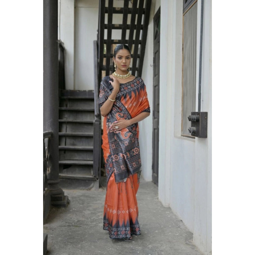 Women's Faux_Tussar Ikat Saree With Unstitched Blouse 5.5Mtr (Orange) - VANSHELLE