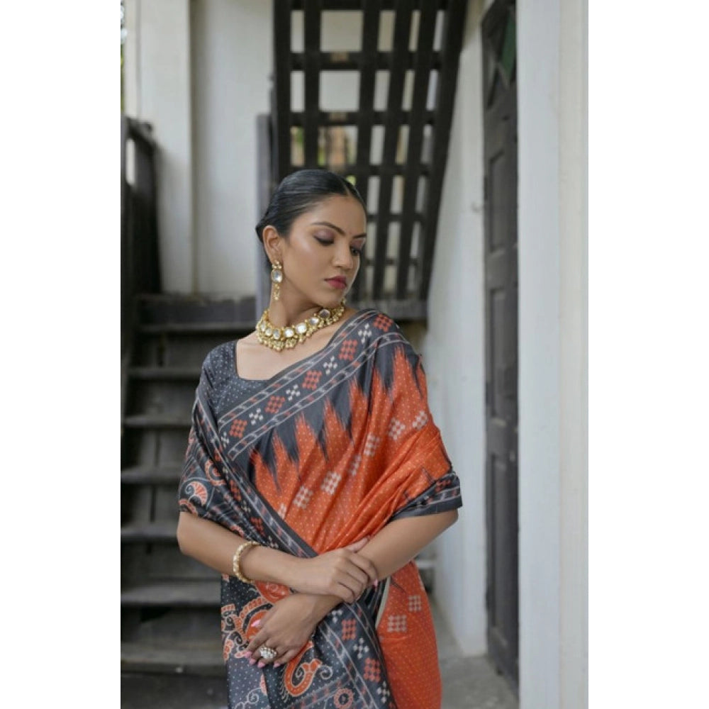 Women's Faux_Tussar Ikat Saree With Unstitched Blouse 5.5Mtr (Orange) - VANSHELLE