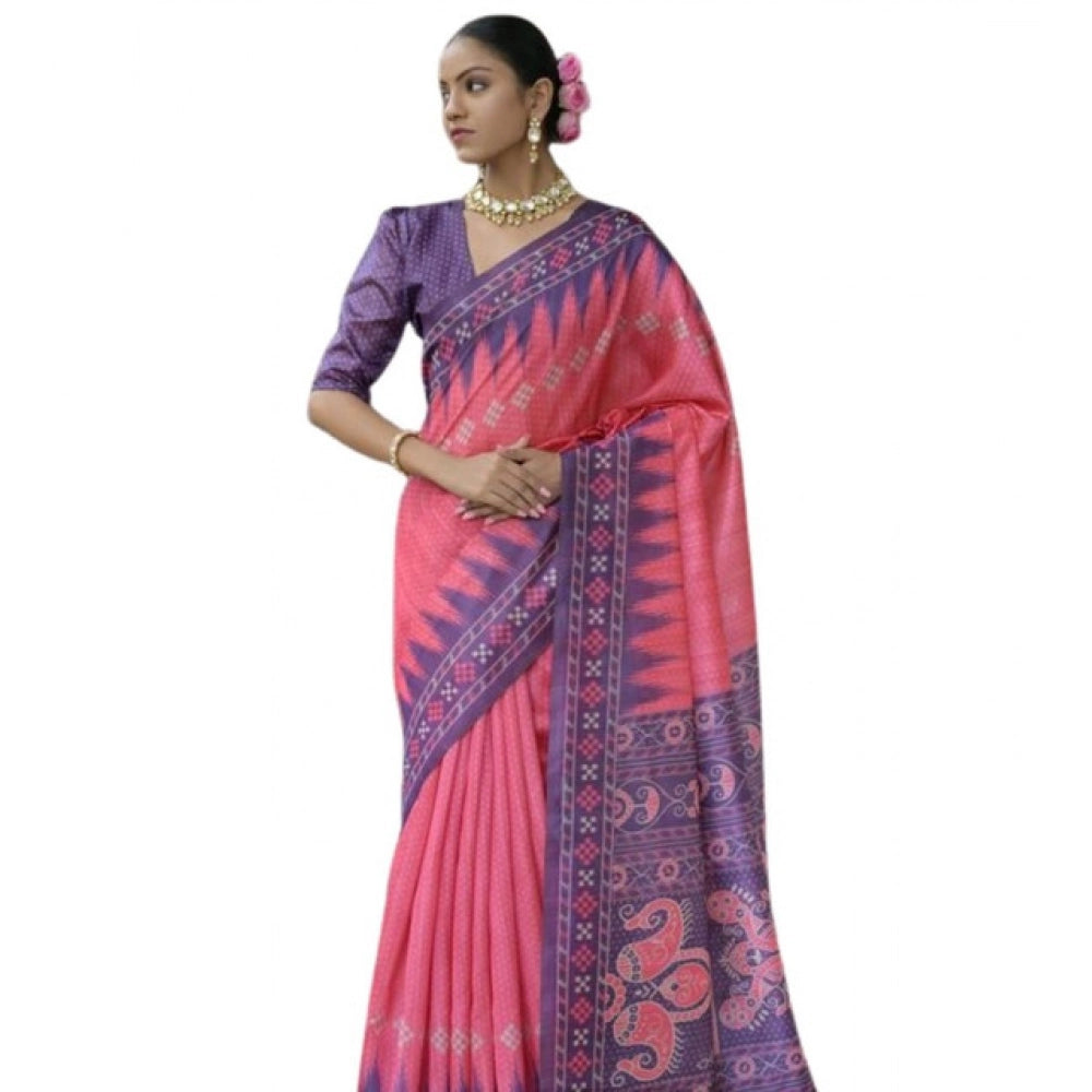 Women's Faux_Tussar Ikat Saree With Unstitched Blouse 5.5Mtr (Peach) - VANSHELLE