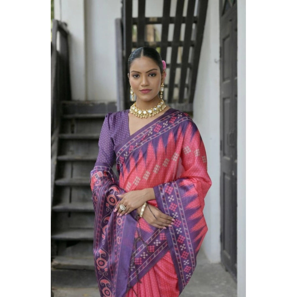 Women's Faux_Tussar Ikat Saree With Unstitched Blouse 5.5Mtr (Peach) - VANSHELLE