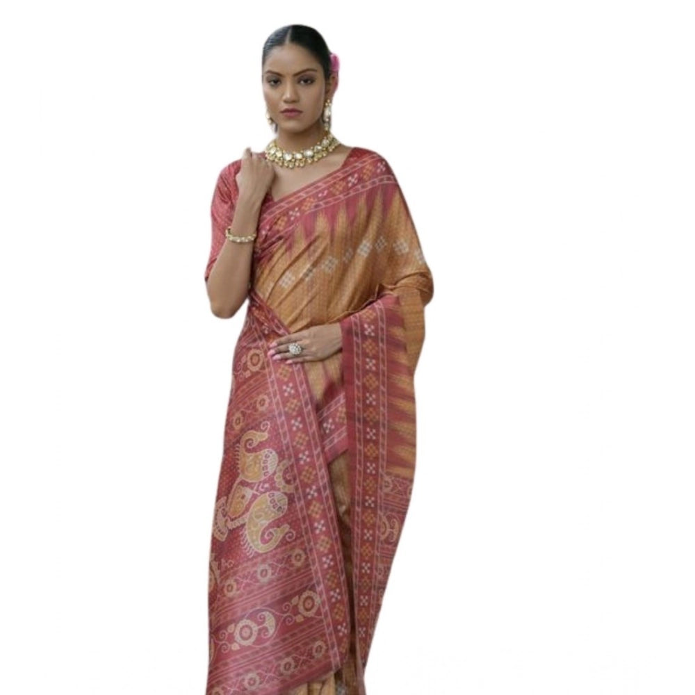 Women's Faux_Tussar Ikat Saree With Unstitched Blouse 5.5Mtr (Rust) - VANSHELLE