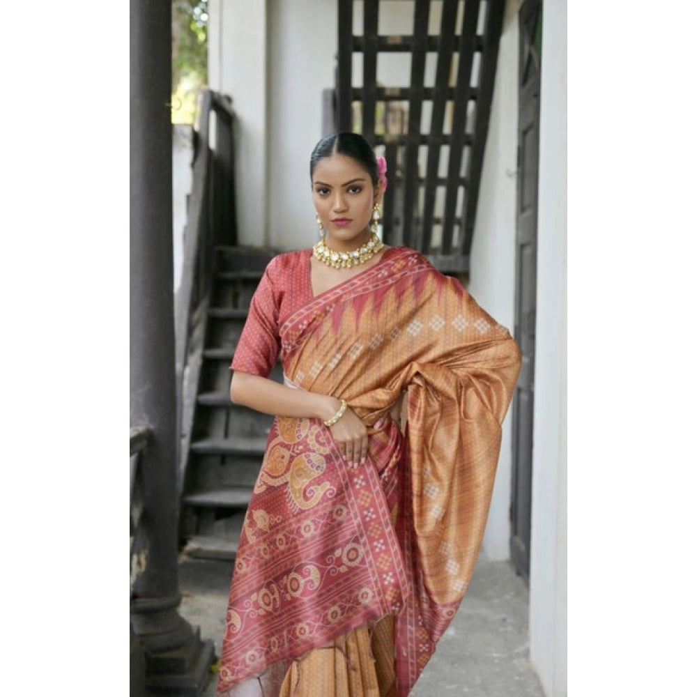Women's Faux_Tussar Ikat Saree With Unstitched Blouse 5.5Mtr (Rust) - VANSHELLE