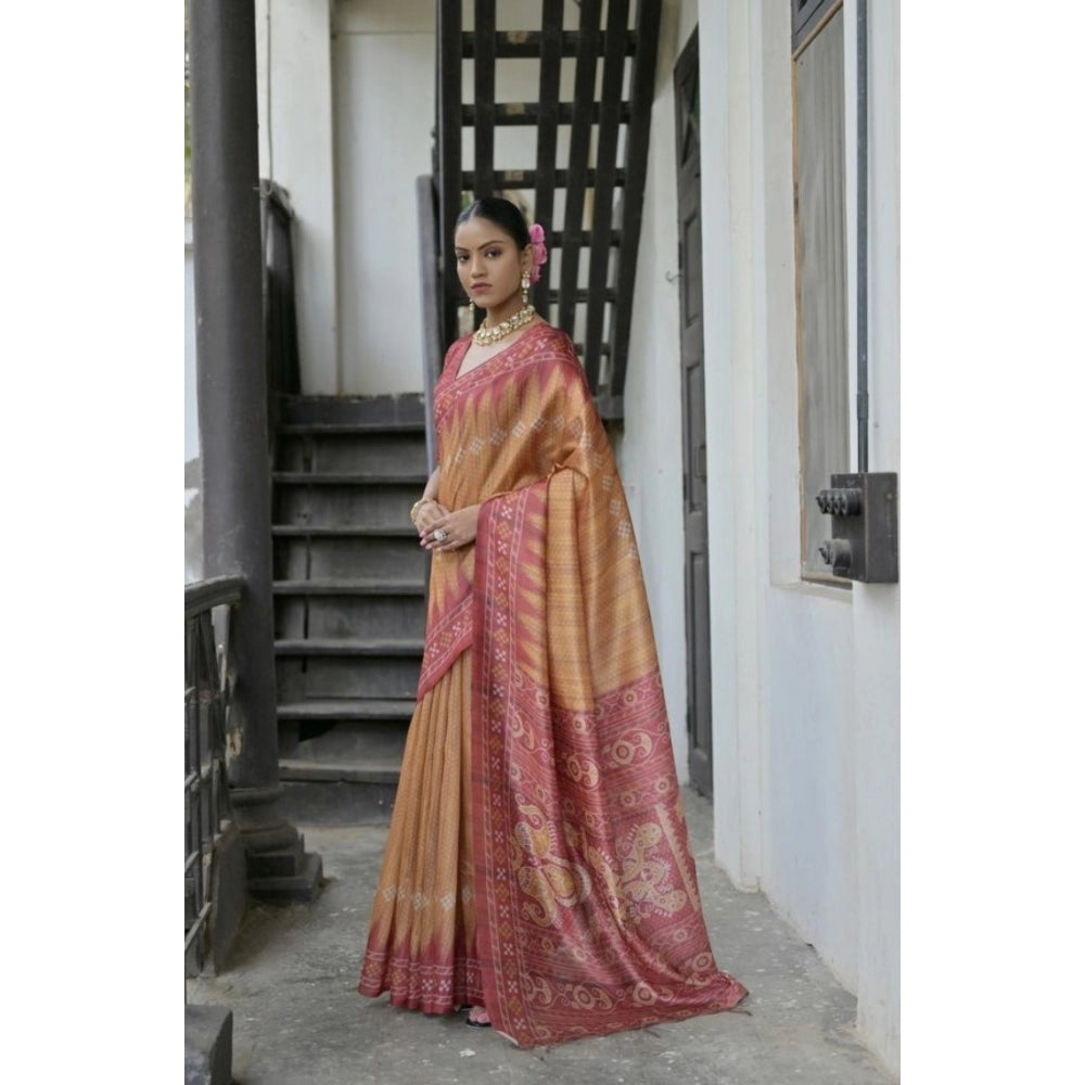 Women's Faux_Tussar Ikat Saree With Unstitched Blouse 5.5Mtr (Rust) - VANSHELLE
