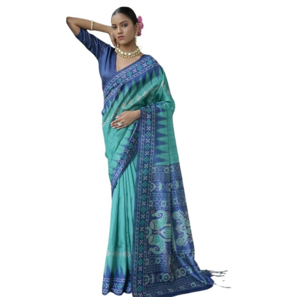 Women's Faux_Tussar Ikat Saree With Unstitched Blouse 5.5Mtr (Sea_Green) - VANSHELLE