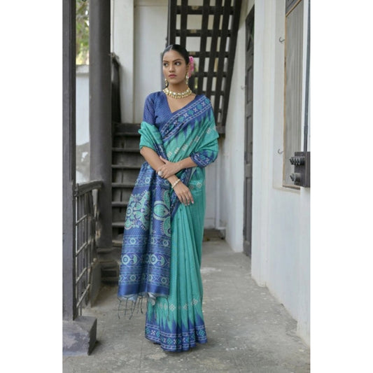 Women's Faux_Tussar Ikat Saree With Unstitched Blouse 5.5Mtr (Sea_Green) - VANSHELLE