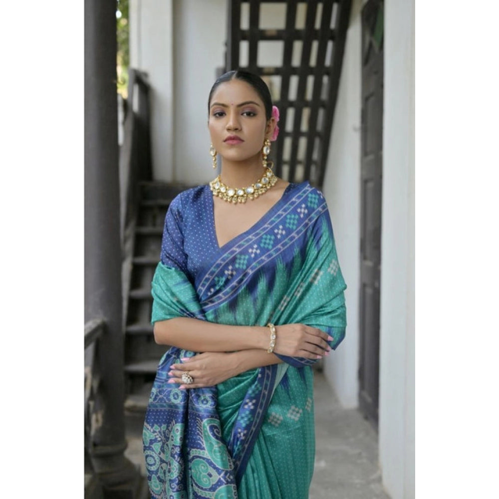 Women's Faux_Tussar Ikat Saree With Unstitched Blouse 5.5Mtr (Sea_Green) - VANSHELLE