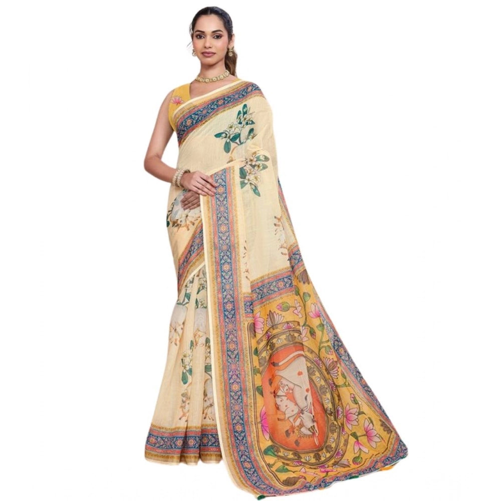 Women's Linen Floral Printed Saree With Unstitched Blouse 5.5Mtr (Beige) - VANSHELLE