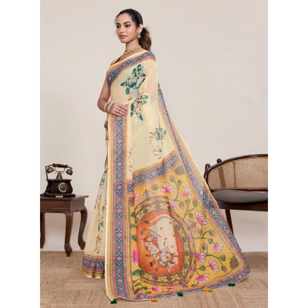 Women's Linen Floral Printed Saree With Unstitched Blouse 5.5Mtr (Beige) - VANSHELLE