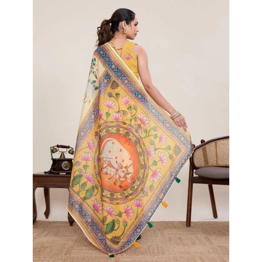 Women's Linen Floral Printed Saree With Unstitched Blouse 5.5Mtr (Beige) - VANSHELLE