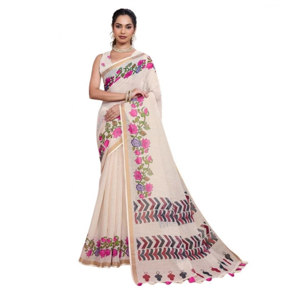 Women's Linen Floral Printed Saree With Unstitched Blouse 5.5Mtr (Cream) - VANSHELLE