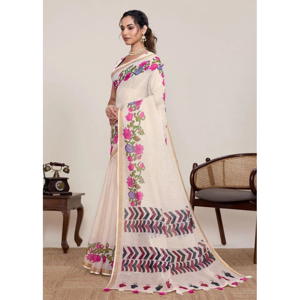 Women's Linen Floral Printed Saree With Unstitched Blouse 5.5Mtr (Cream) - VANSHELLE