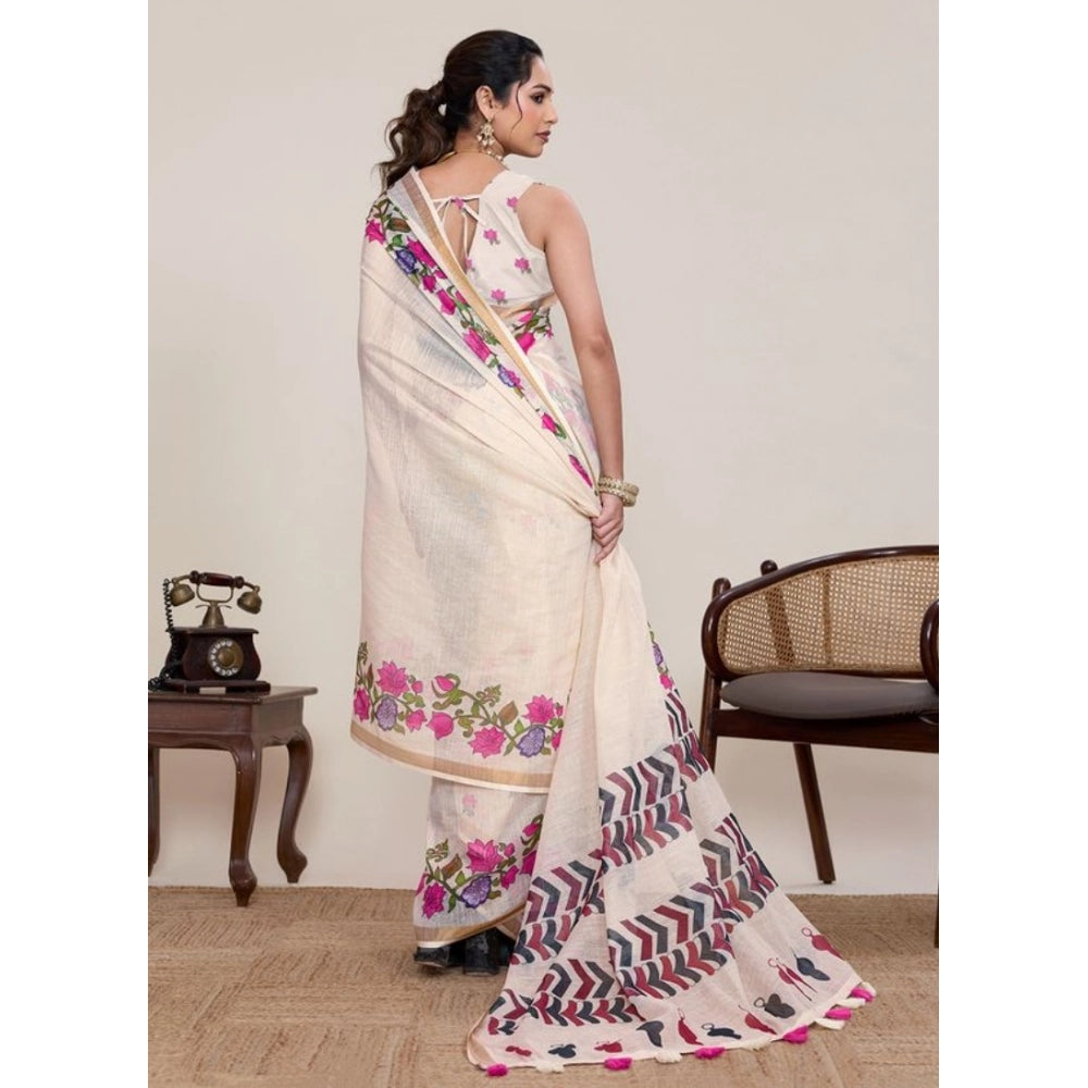 Women's Linen Floral Printed Saree With Unstitched Blouse 5.5Mtr (Cream) - VANSHELLE