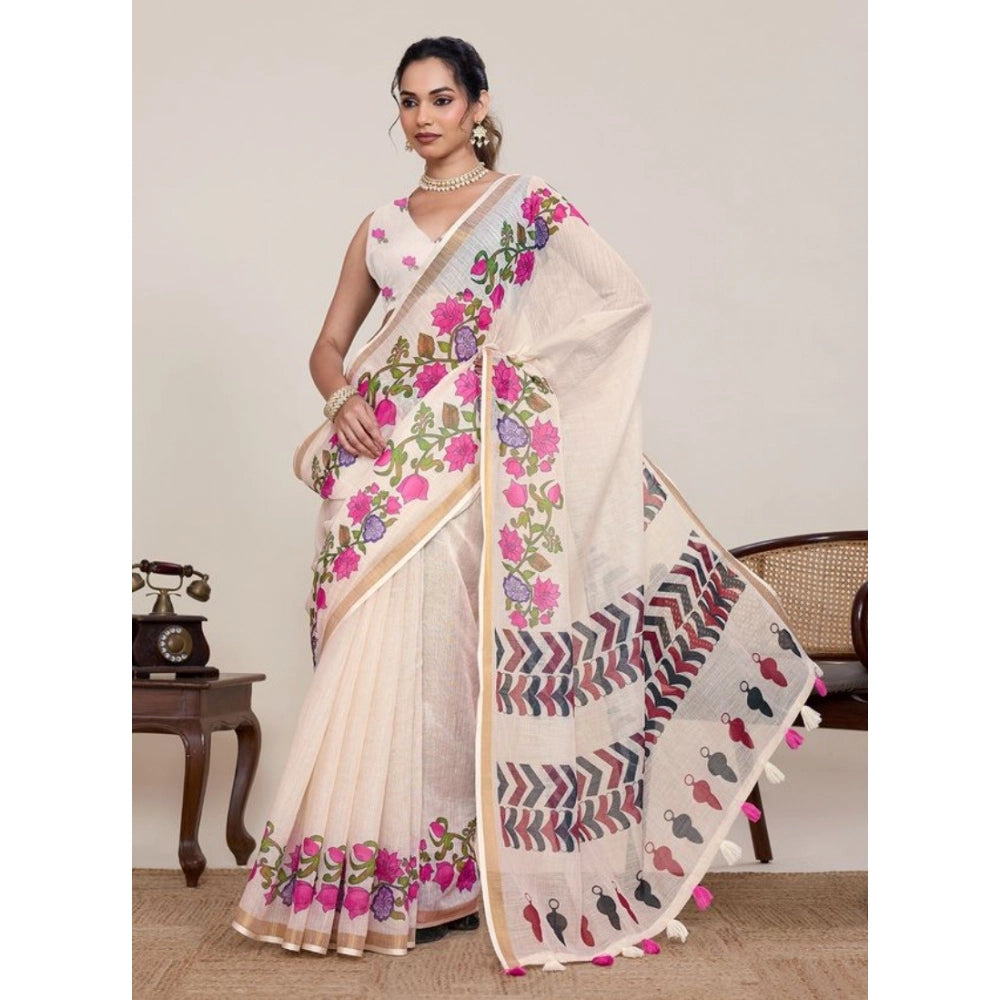 Women's Linen Floral Printed Saree With Unstitched Blouse 5.5Mtr (Cream) - VANSHELLE