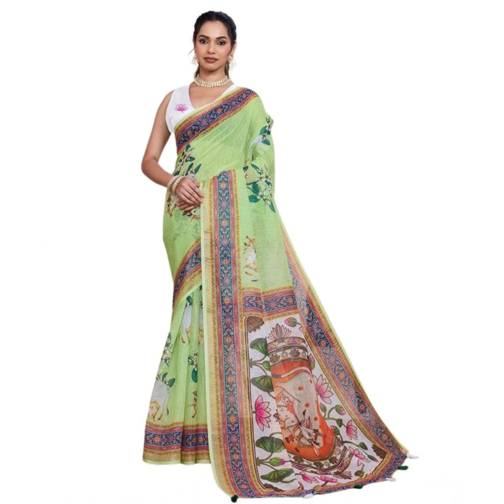 Women's Linen Floral Printed Saree With Unstitched Blouse 5.5Mtr (Light Green) - VANSHELLE