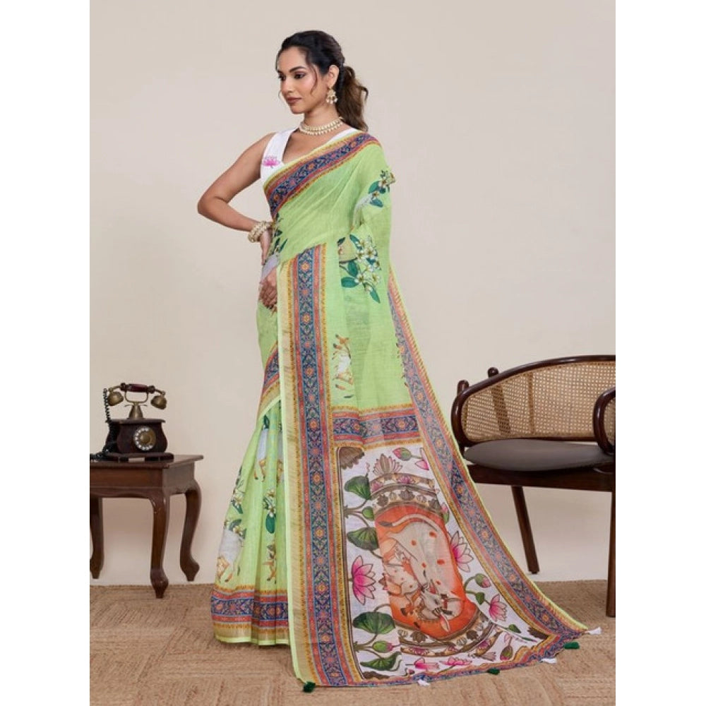 Women's Linen Floral Printed Saree With Unstitched Blouse 5.5Mtr (Light Green) - VANSHELLE
