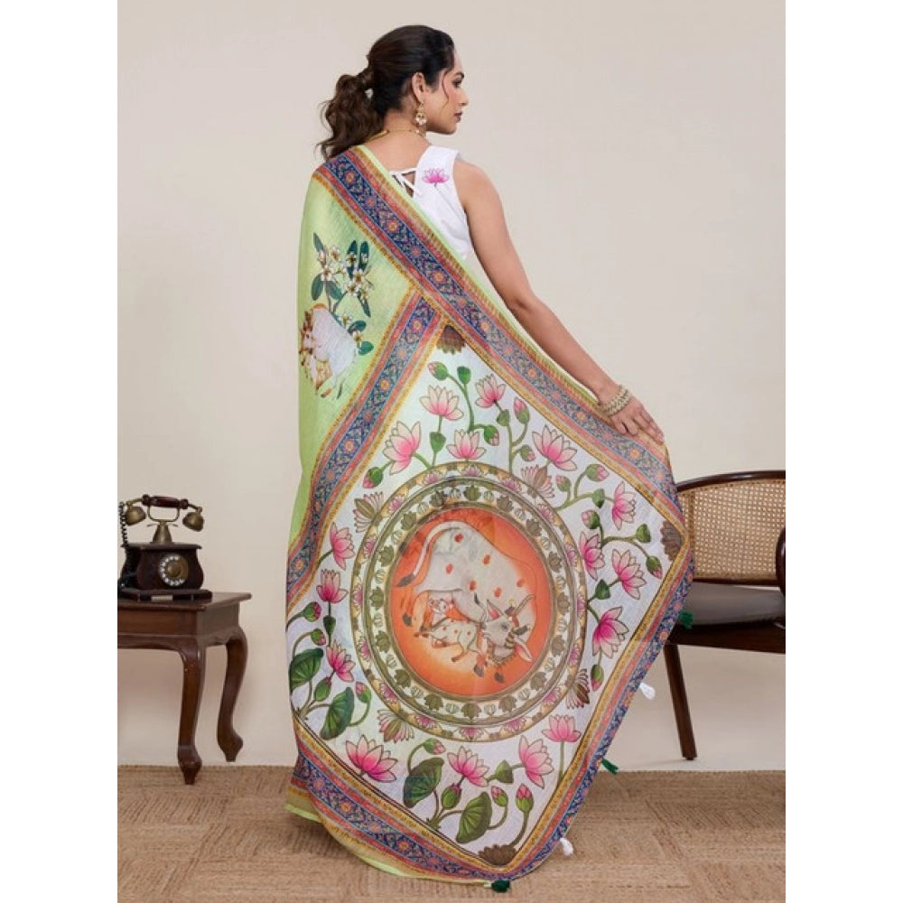 Women's Linen Floral Printed Saree With Unstitched Blouse 5.5Mtr (Light Green) - VANSHELLE