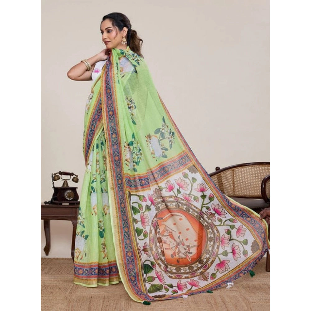 Women's Linen Floral Printed Saree With Unstitched Blouse 5.5Mtr (Light Green) - VANSHELLE