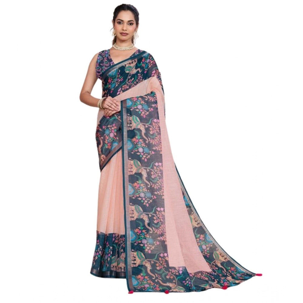 Women's Linen Floral Printed Saree With Unstitched Blouse 5.5Mtr (Peach Pink) - VANSHELLE