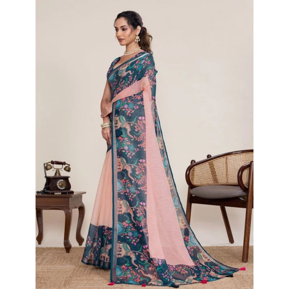 Women's Linen Floral Printed Saree With Unstitched Blouse 5.5Mtr (Peach Pink) - VANSHELLE