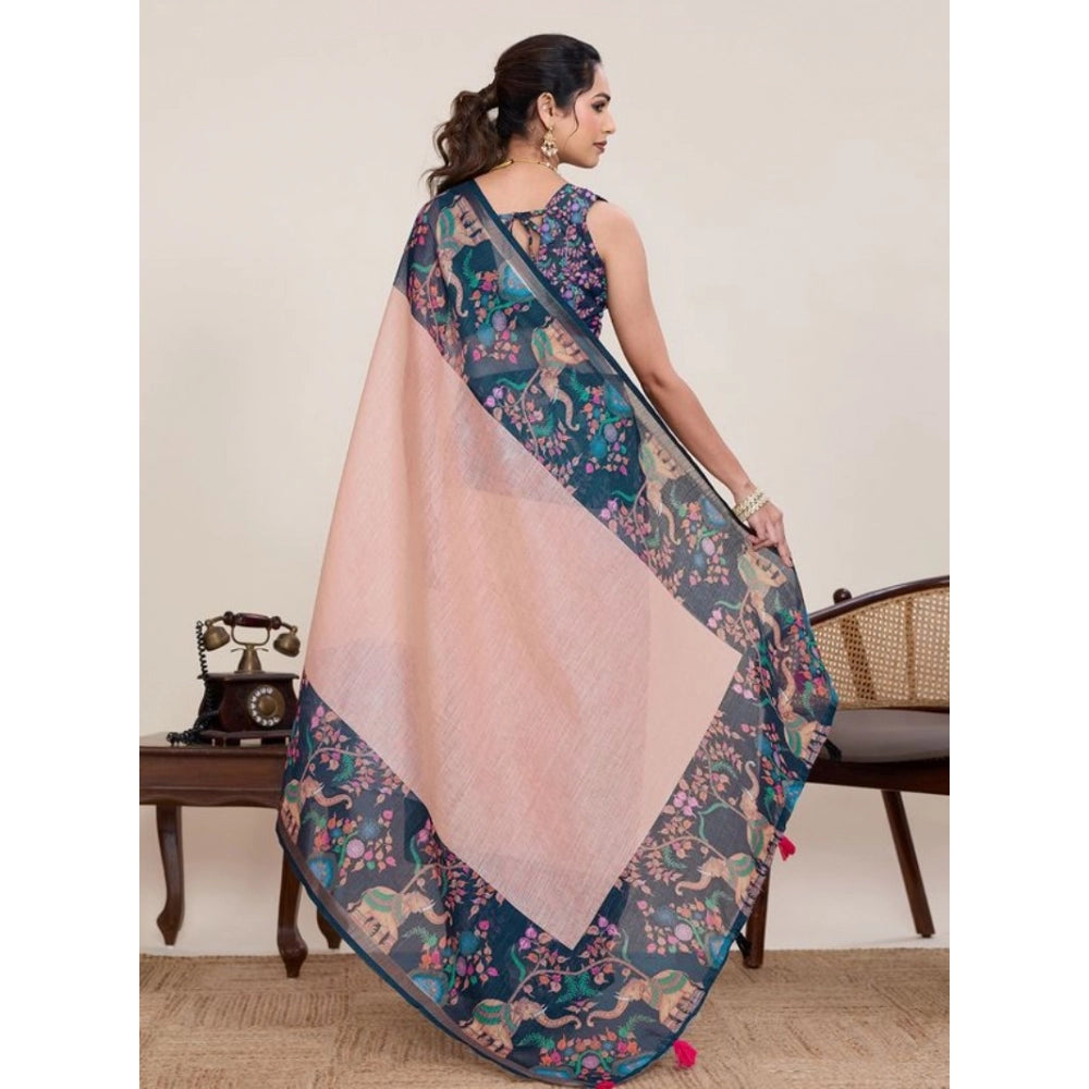 Women's Linen Floral Printed Saree With Unstitched Blouse 5.5Mtr (Peach Pink) - VANSHELLE