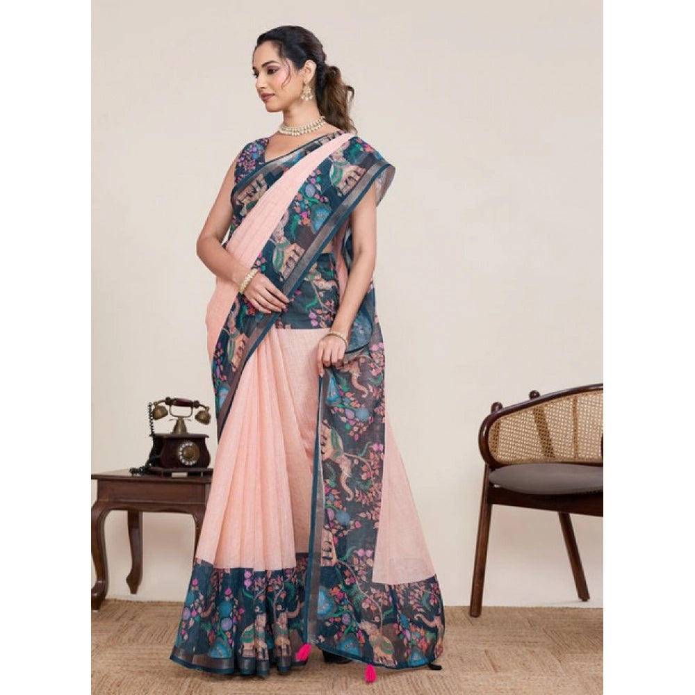 Women's Linen Floral Printed Saree With Unstitched Blouse 5.5Mtr (Peach Pink) - VANSHELLE