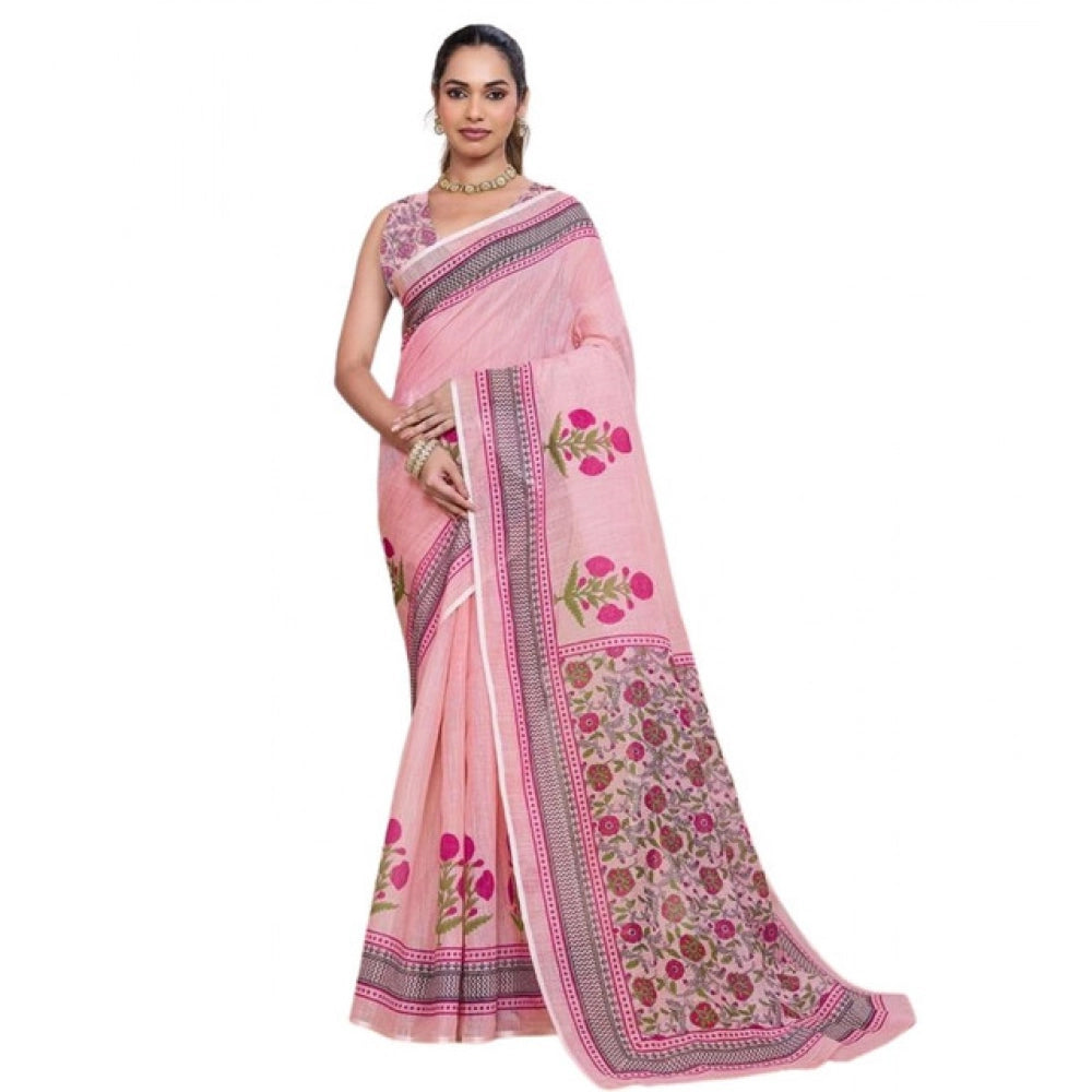 Women's Linen Floral Printed Saree With Unstitched Blouse 5.5Mtr (Pink) - VANSHELLE