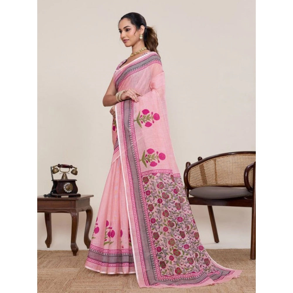 Women's Linen Floral Printed Saree With Unstitched Blouse 5.5Mtr (Pink) - VANSHELLE