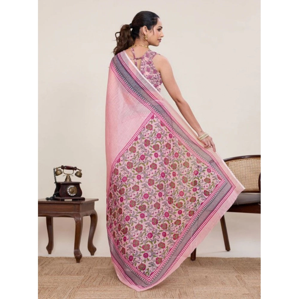 Women's Linen Floral Printed Saree With Unstitched Blouse 5.5Mtr (Pink) - VANSHELLE