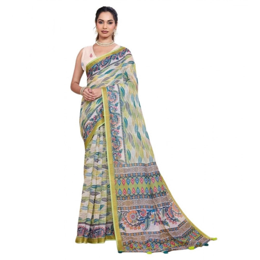 Women's Linen Floral Printed Saree With Unstitched Blouse 5.5Mtr (Pista Green) - VANSHELLE