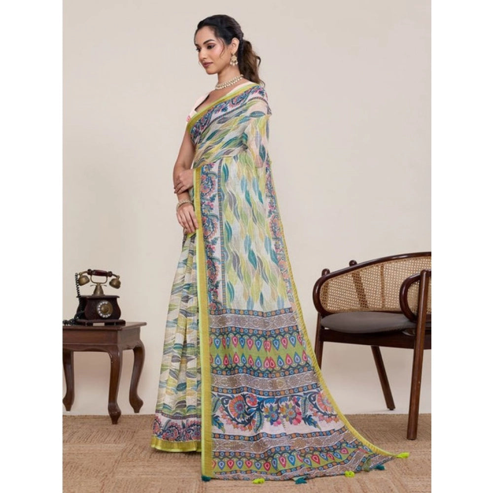 Women's Linen Floral Printed Saree With Unstitched Blouse 5.5Mtr (Pista Green) - VANSHELLE