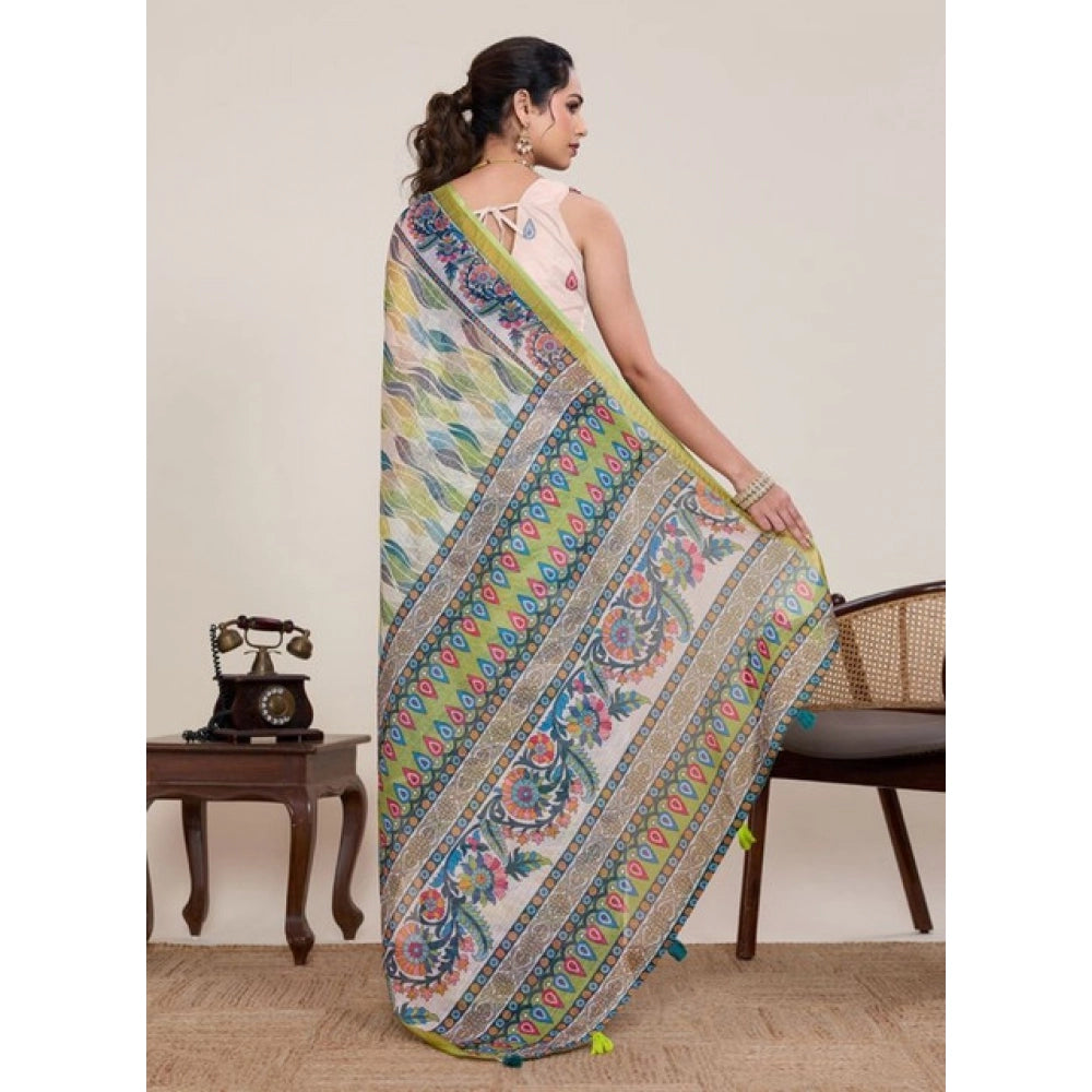 Women's Linen Floral Printed Saree With Unstitched Blouse 5.5Mtr (Pista Green) - VANSHELLE