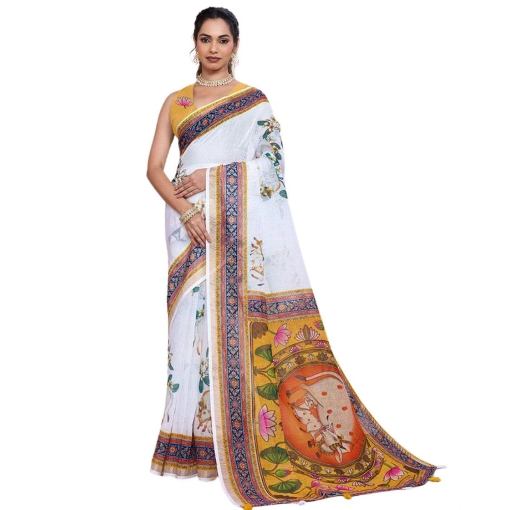 Women's Linen Floral Printed Saree With Unstitched Blouse 5.5Mtr (White) - VANSHELLE