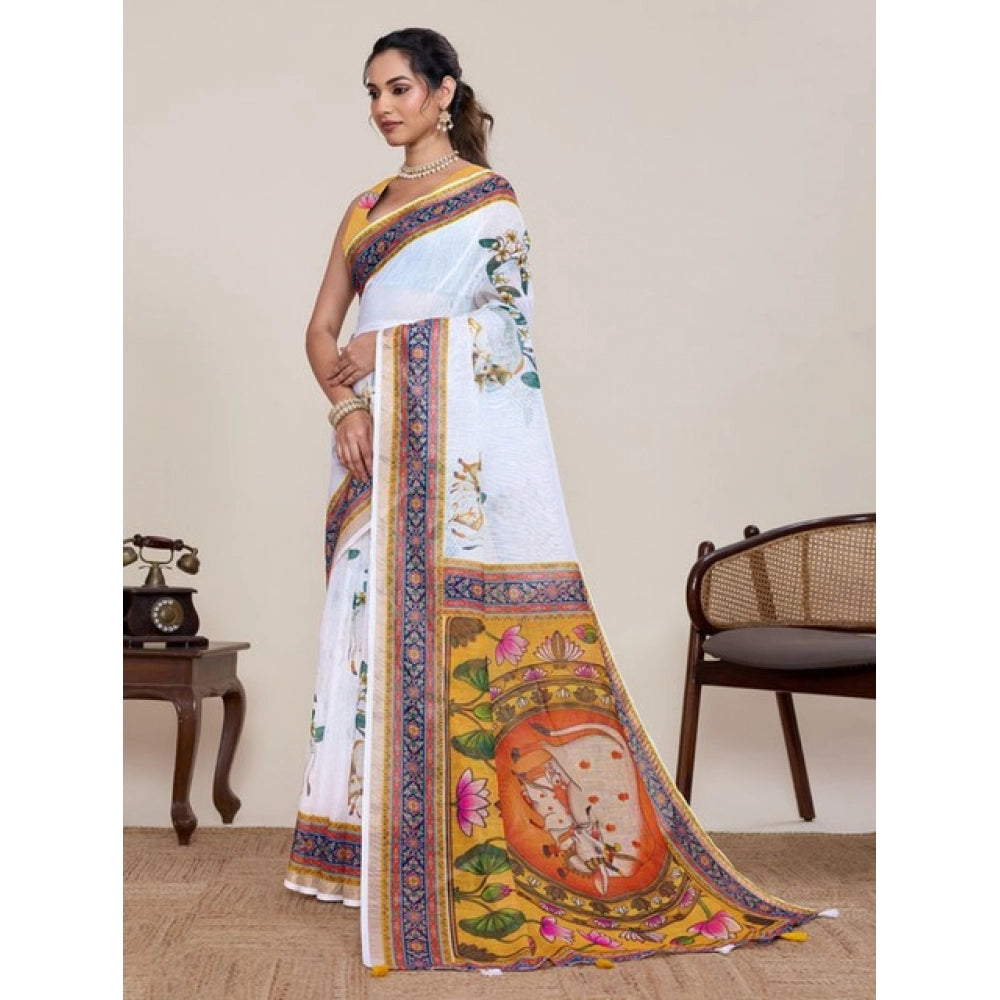 Women's Linen Floral Printed Saree With Unstitched Blouse 5.5Mtr (White) - VANSHELLE
