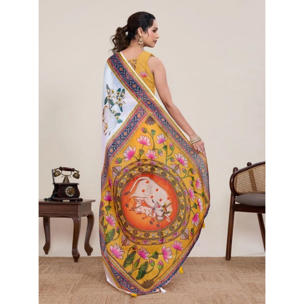 Women's Linen Floral Printed Saree With Unstitched Blouse 5.5Mtr (White) - VANSHELLE