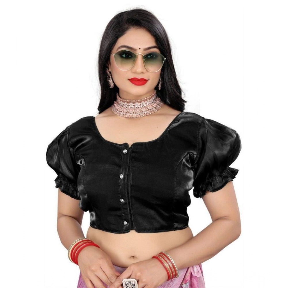 Women's Jimmy Solid Designer Neck Elastic Sleeve Readymade Blouse (Black 38 , Alterable up to 42)-PID65827 - VANSHELLE