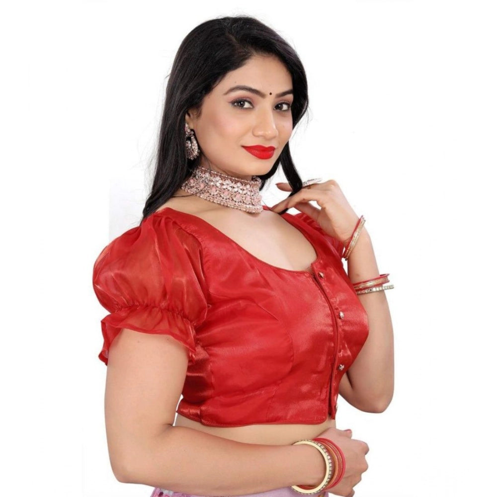 Women's Jimmy Solid Designer Neck Elastic Sleeve Readymade Blouse (Red 38 , Alterable up to 42)-PID65834 - VANSHELLE