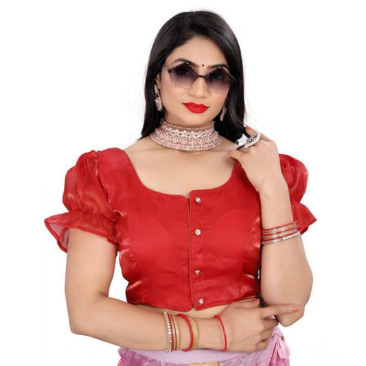 Women's Jimmy Solid Designer Neck Elastic Sleeve Readymade Blouse (Red 38 , Alterable up to 42)-PID65834 - VANSHELLE