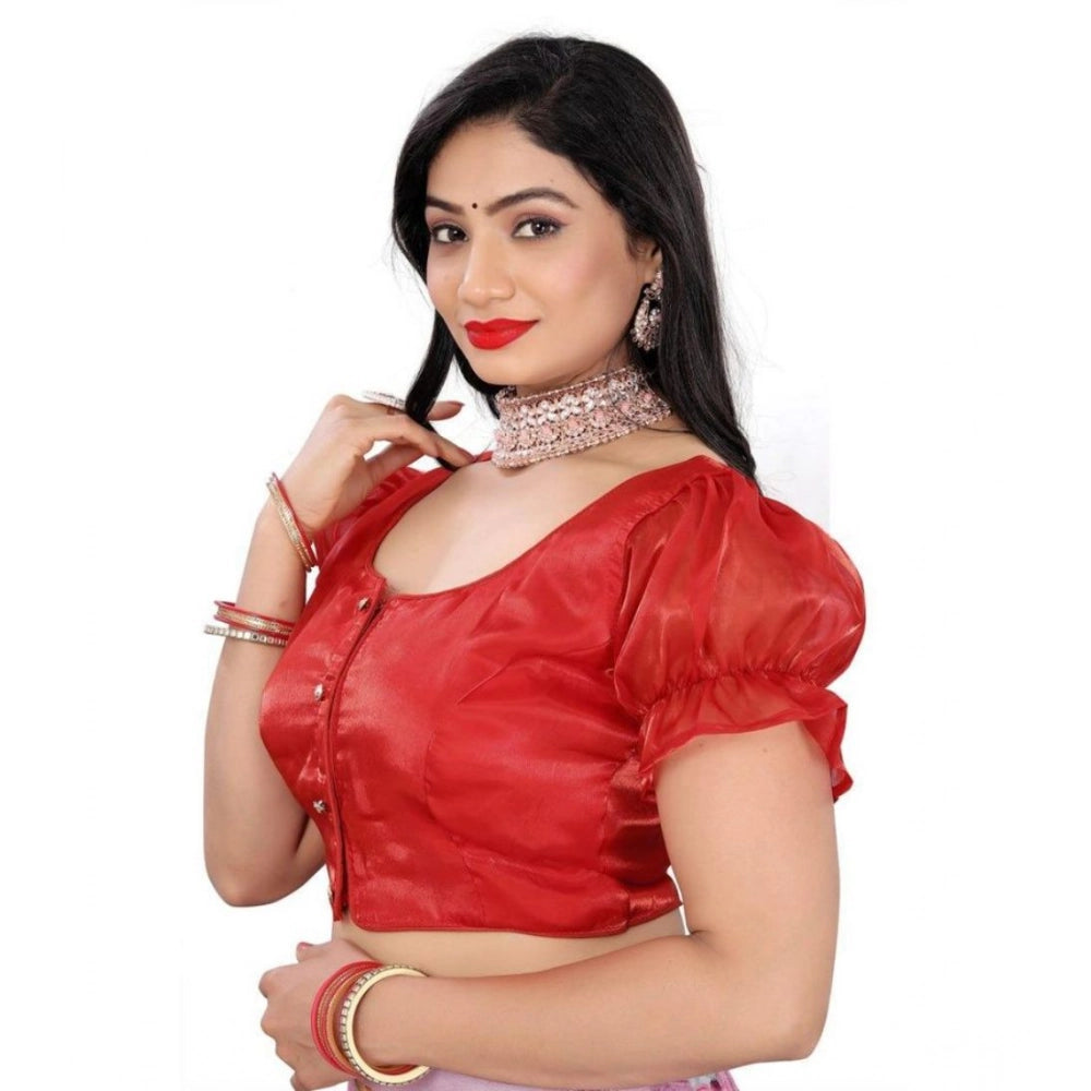 Women's Jimmy Solid Designer Neck Elastic Sleeve Readymade Blouse (Red 38 , Alterable up to 42)-PID65834 - VANSHELLE