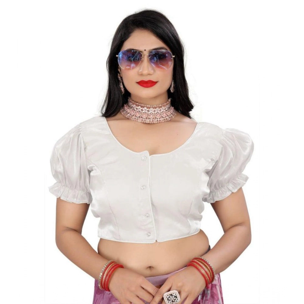 Women's Jimmy Solid Designer Neck Elastic Sleeve Readymade Blouse (White 38 , Alterable up to 42)-PID65836 - VANSHELLE