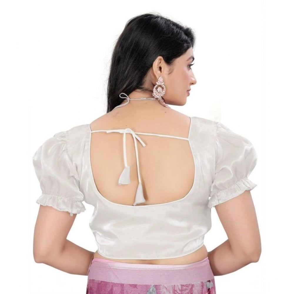 Women's Jimmy Solid Designer Neck Elastic Sleeve Readymade Blouse (White 38 , Alterable up to 42)-PID65836 - VANSHELLE